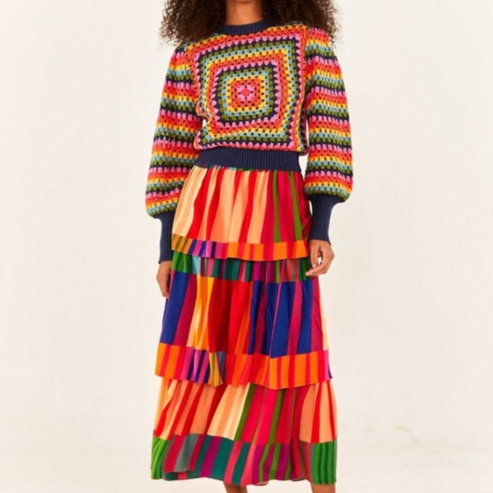 Farm Rio Sunset Stripes Tiered Midi Skirt
